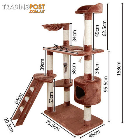 Multi Level Cat Scratching Poles Tree w/ Ladder Brown