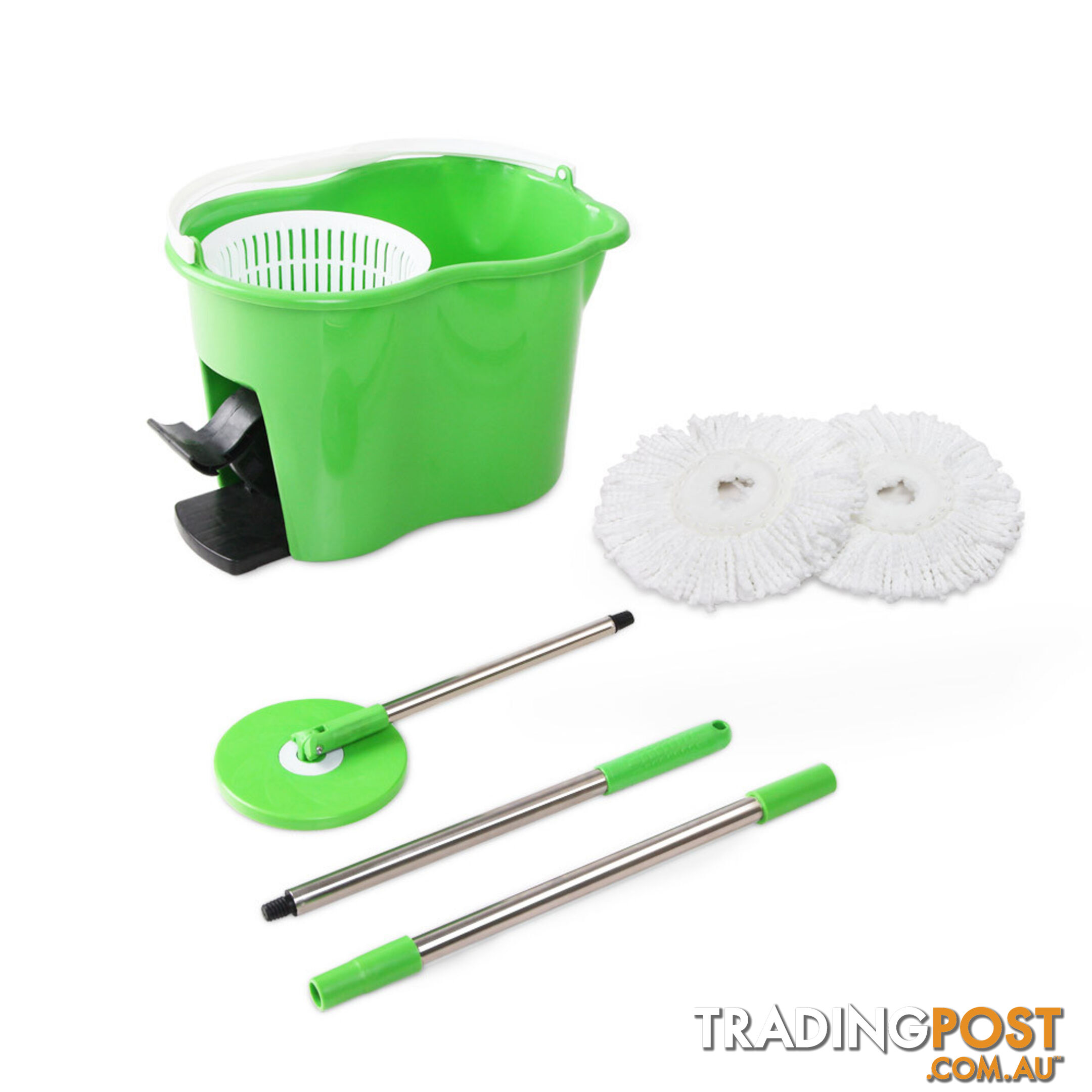 360 Degree Spinning Mop Microfibre Spin Dry Bucket with 2 Mop Heads - Green