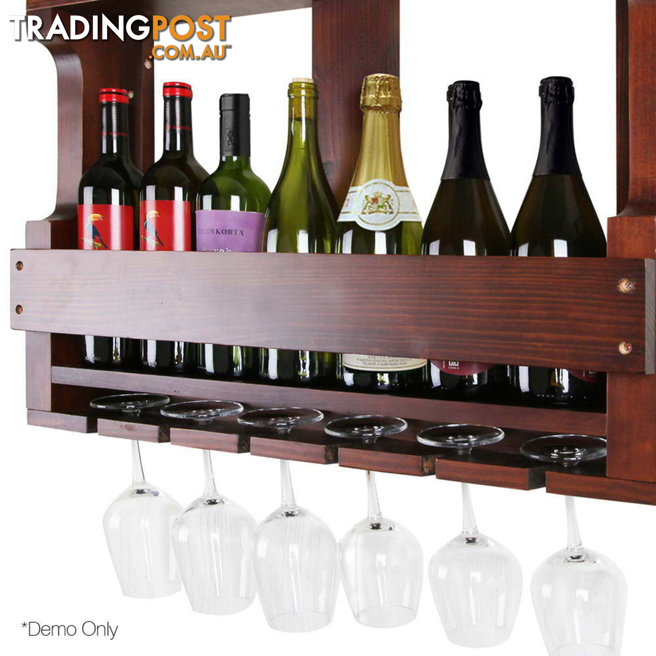 7 Bottle Wall Mounted Wine & Glass Rack - Natural