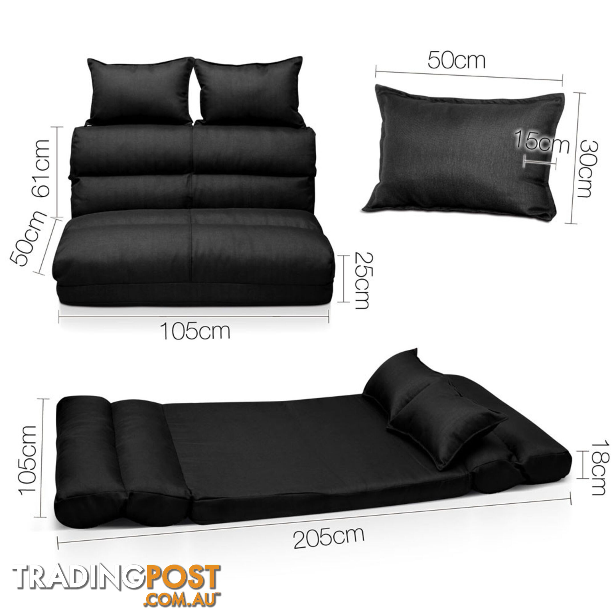 Double Size Adjustable Lounge Sofa - 5 positions Black