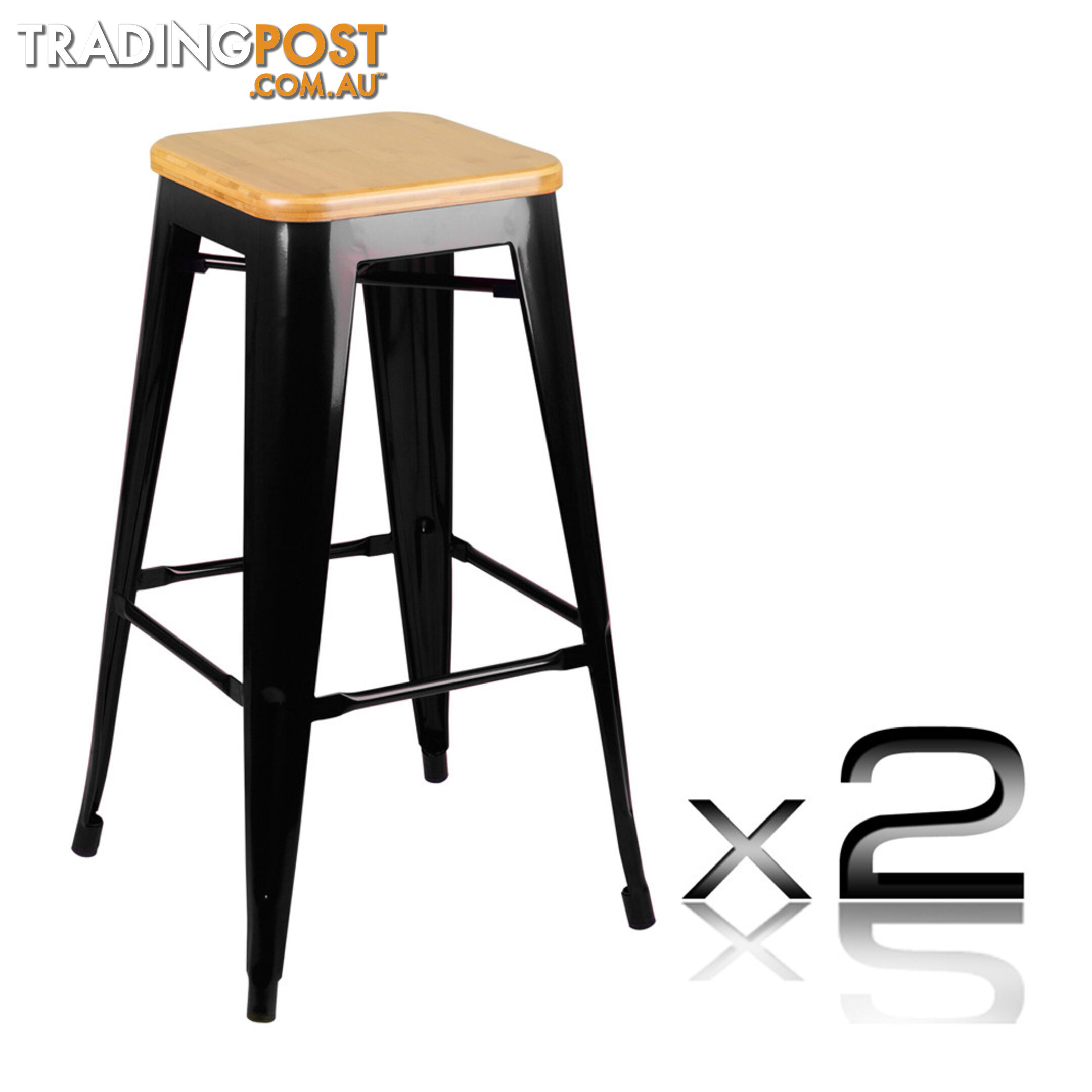 Set of 2 Replica Tolix Bar Stool Bamboo Seat 76cm Metal