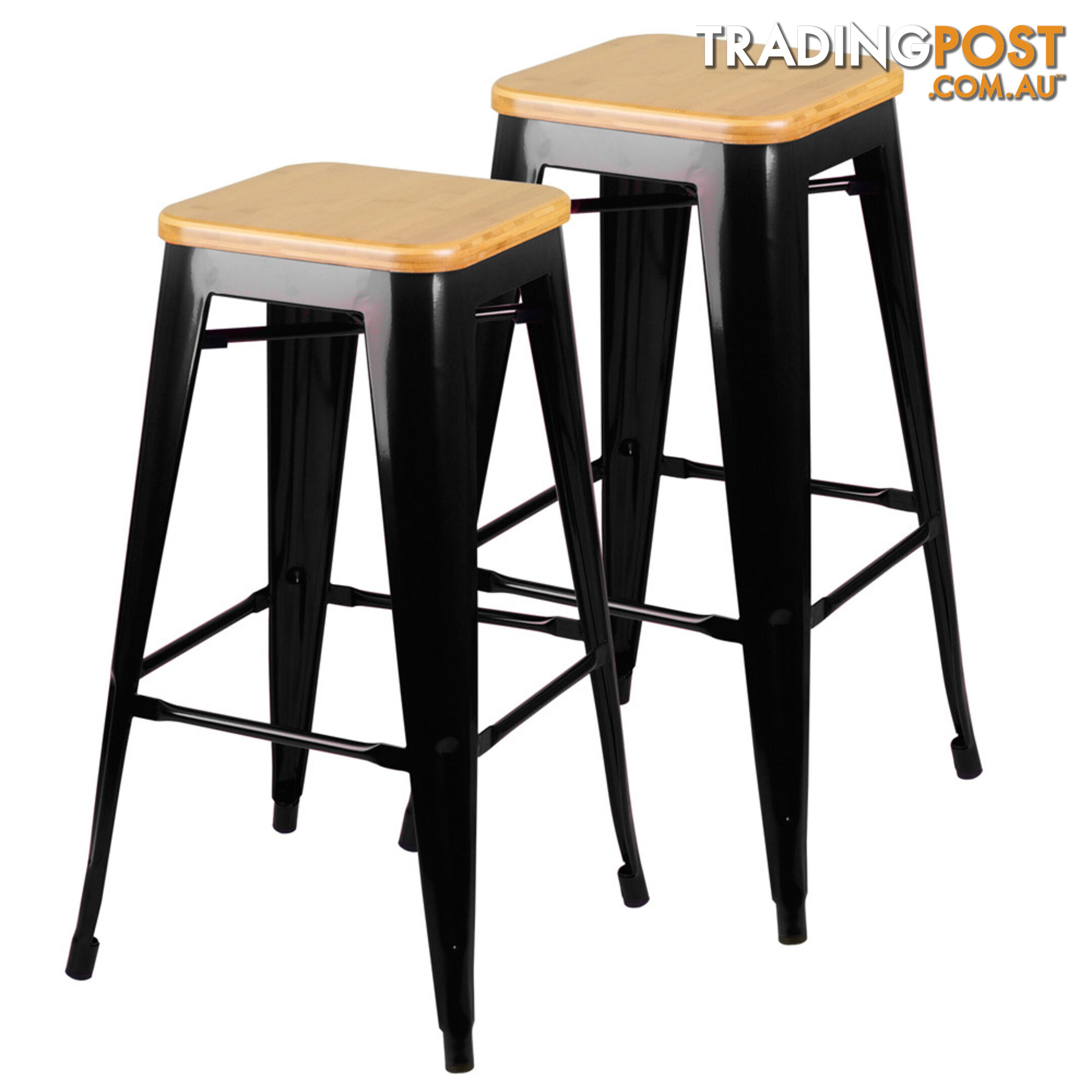 Set of 2 Replica Tolix Bar Stool Bamboo Seat 76cm Metal