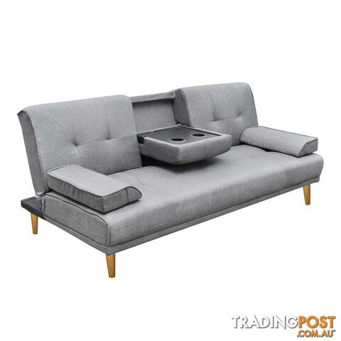 3 Seater Linen Fabric Sofa Bed w/ 2 Cup Holder Grey