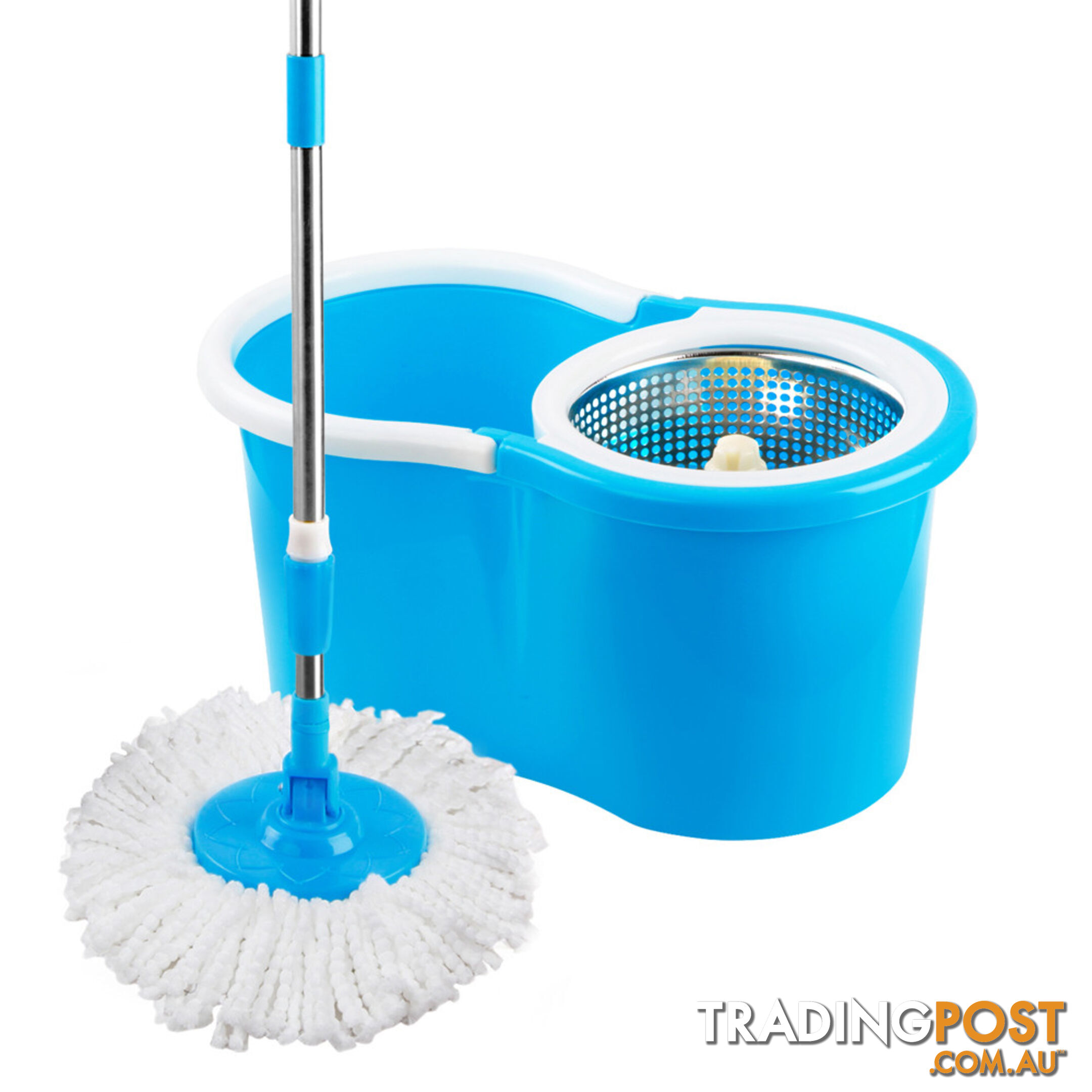 360 Degree Spinning Mop Stainless Steel Spin Dry Bucket w/ 2 Mop Heads Blue