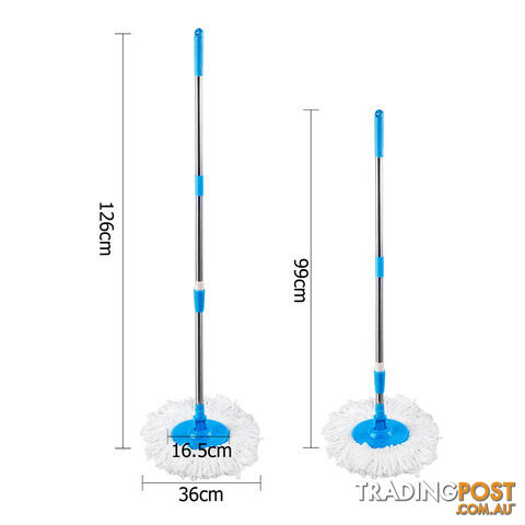 360 Degree Spinning Mop Stainless Steel Spin Dry Bucket w/ 2 Mop Heads Blue