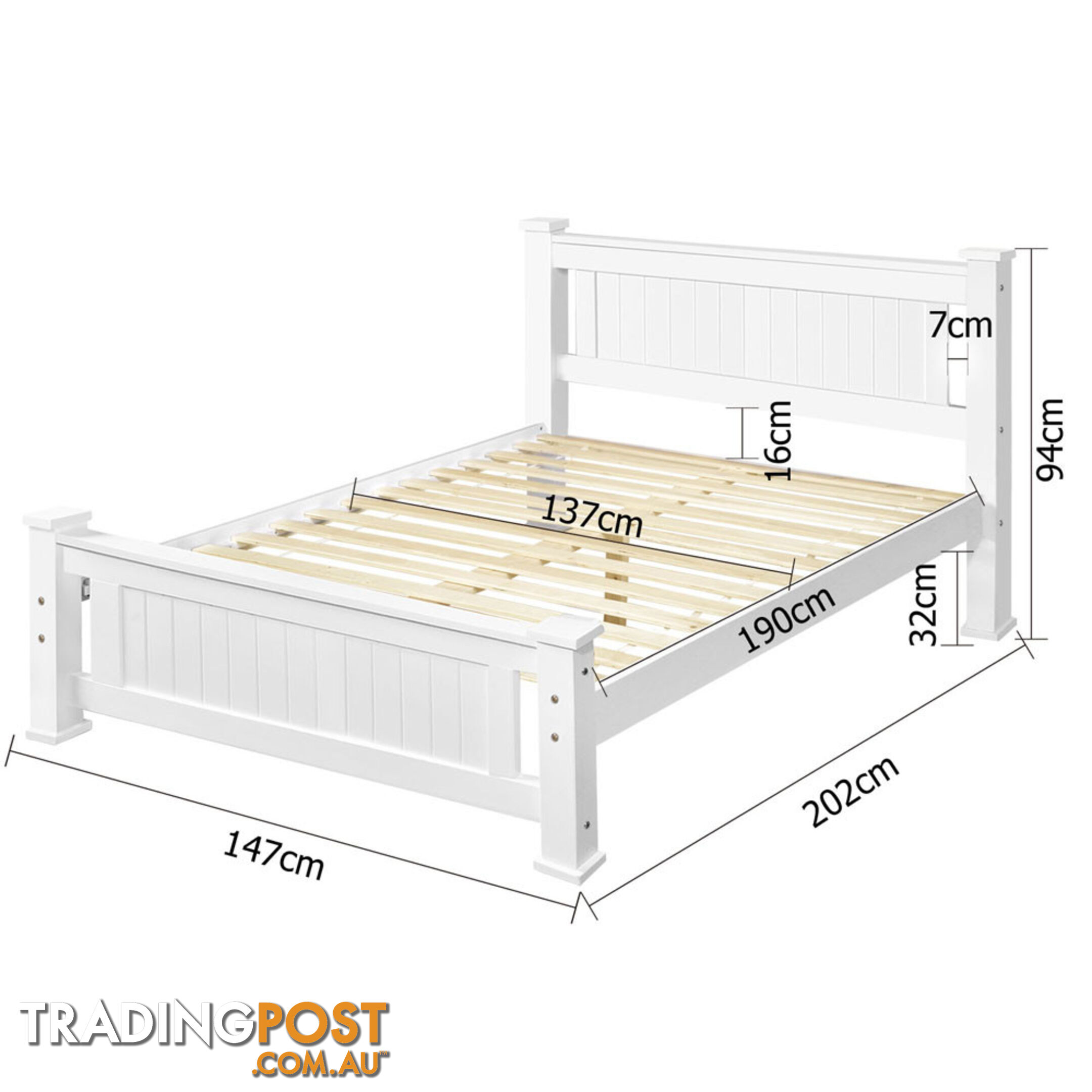 Wooden Bed Frame Pine Wood Queen White