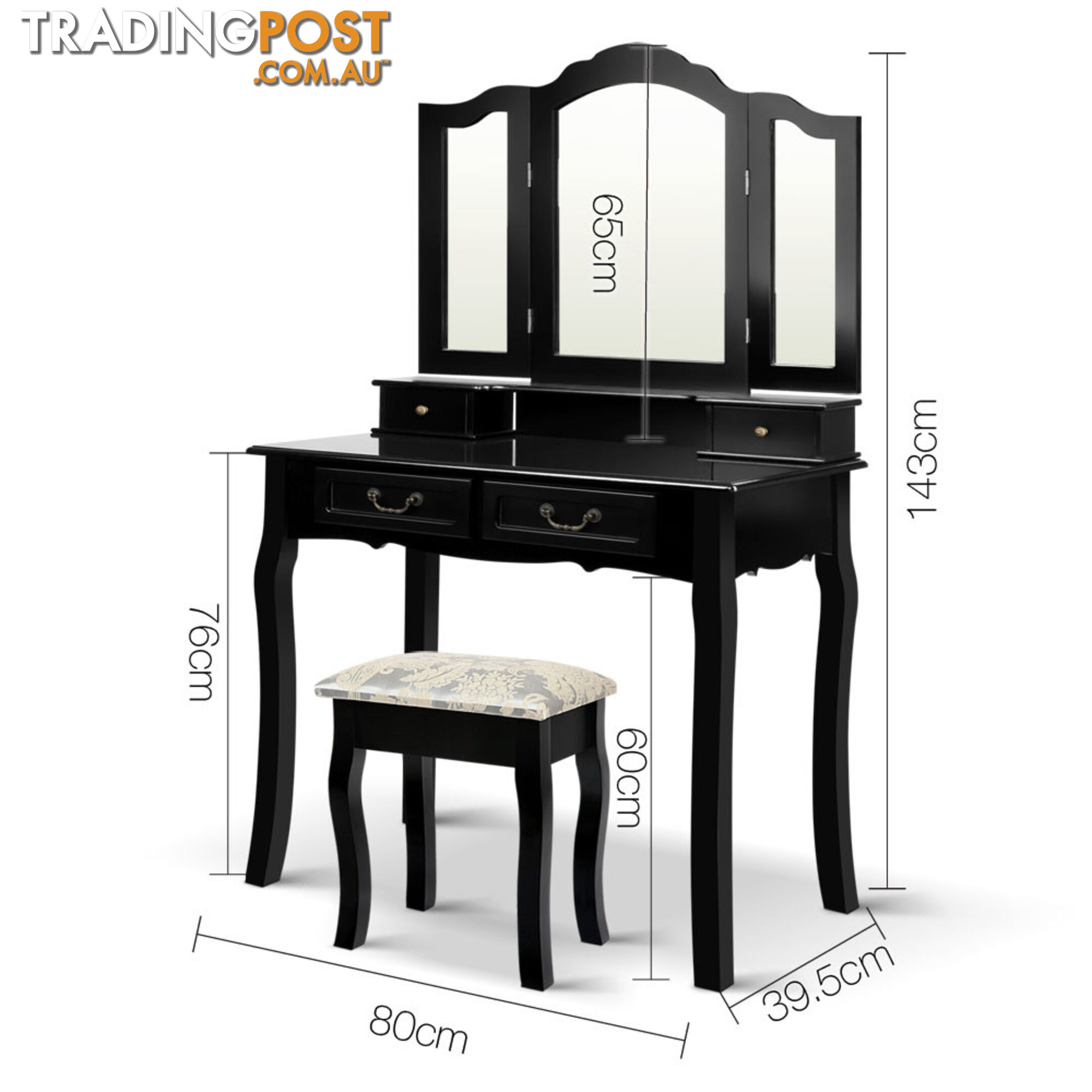 4 Drawer Dressing Table with Mirror - Black