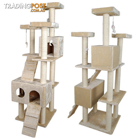 Multi Level Cat Scratching Poles Tree w/ Ladder Beige