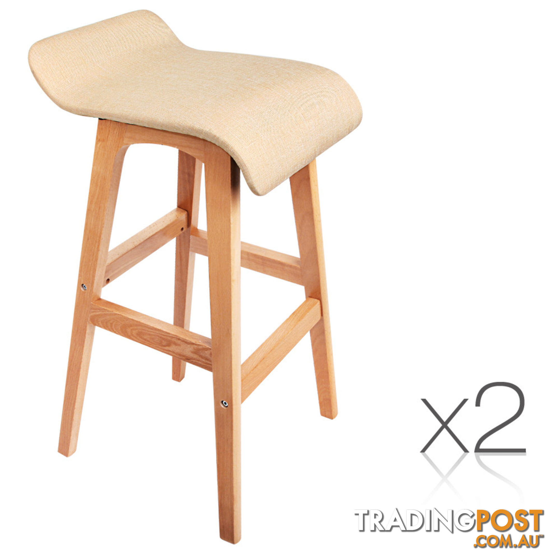 2 x Beech Wood Fabric Bar Stools - Beige