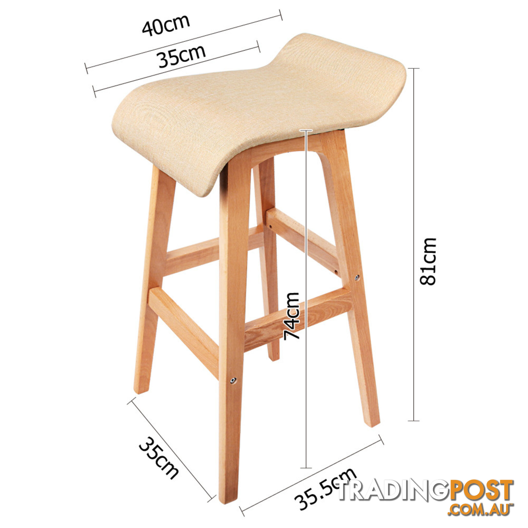 2 x Beech Wood Fabric Bar Stools - Beige