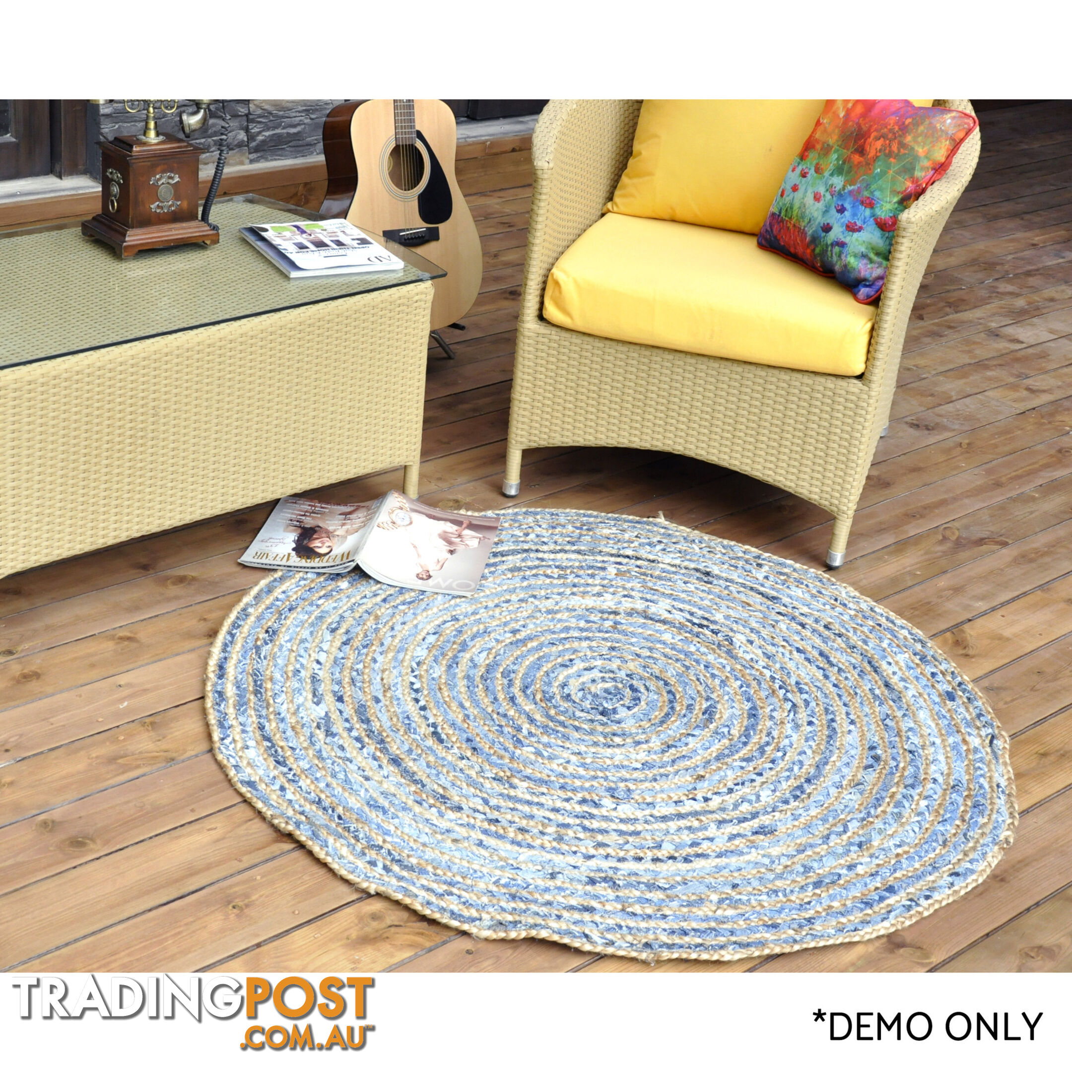 Denim Round Rug Natural & Denim Blue 120x120cm