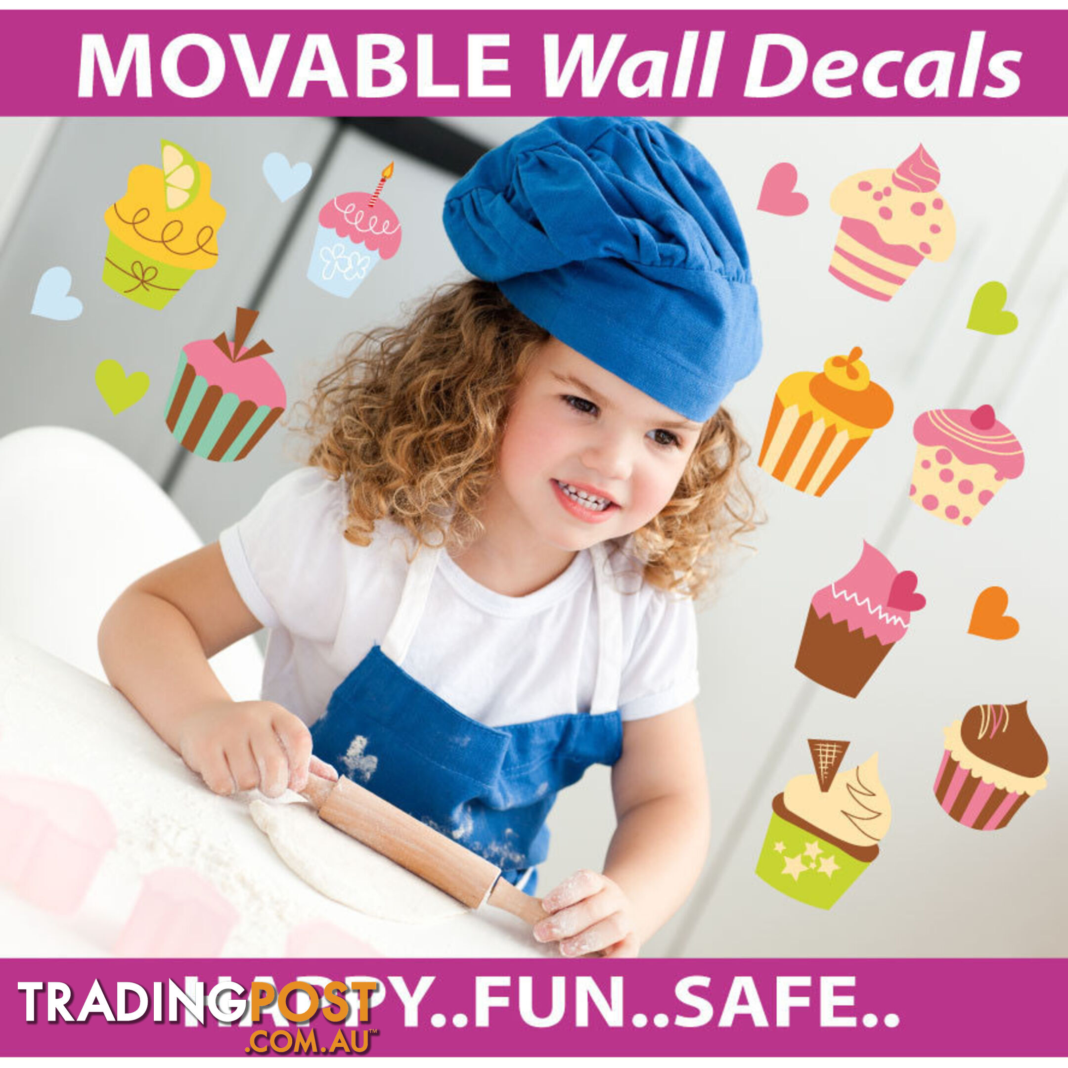 Medium Size Cute Cupcakes Wall Stickers - Totally Movable and Reusable