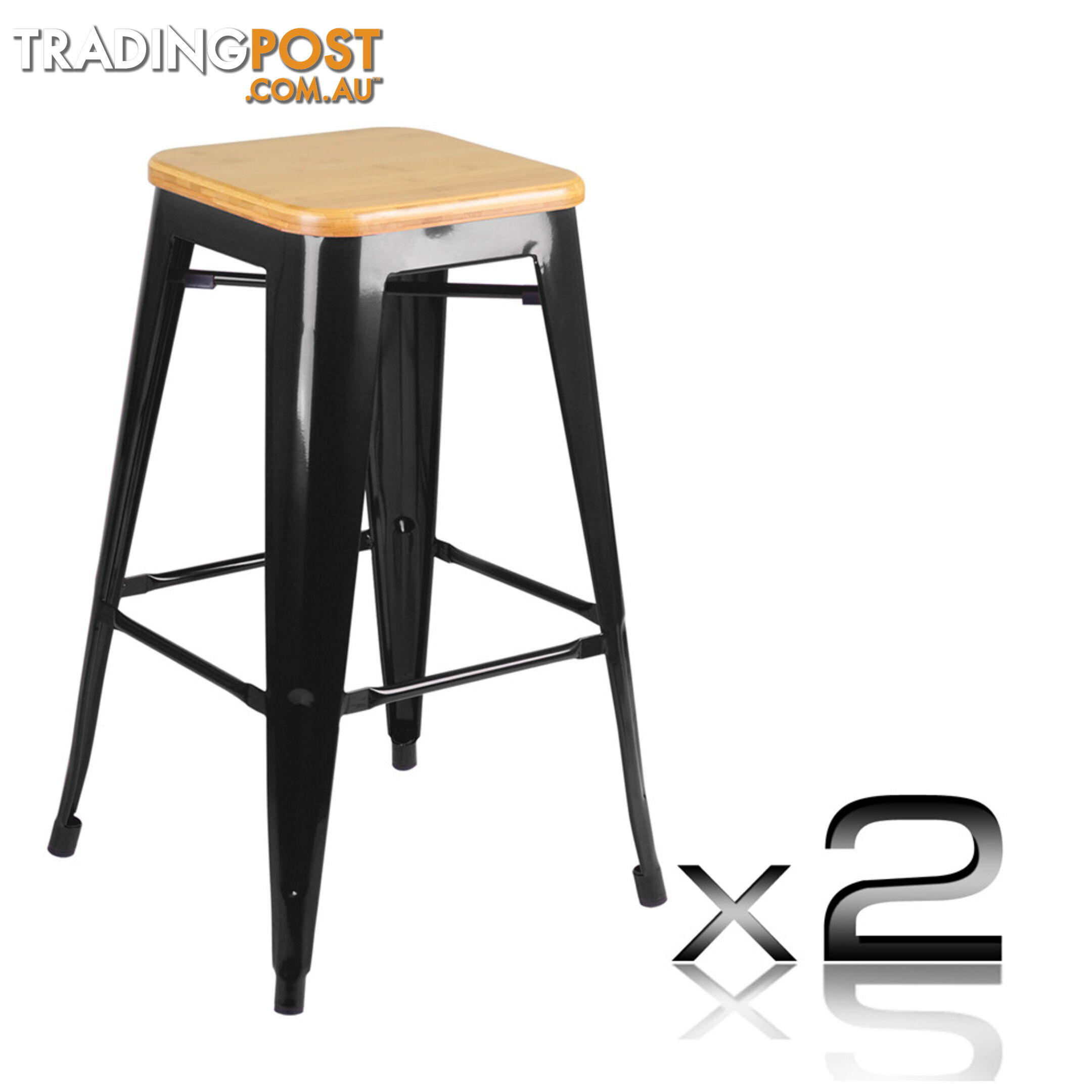 Set of 2 Replica Tolix Kitchen Bar Stool Bamboo Seat 66cm Metal