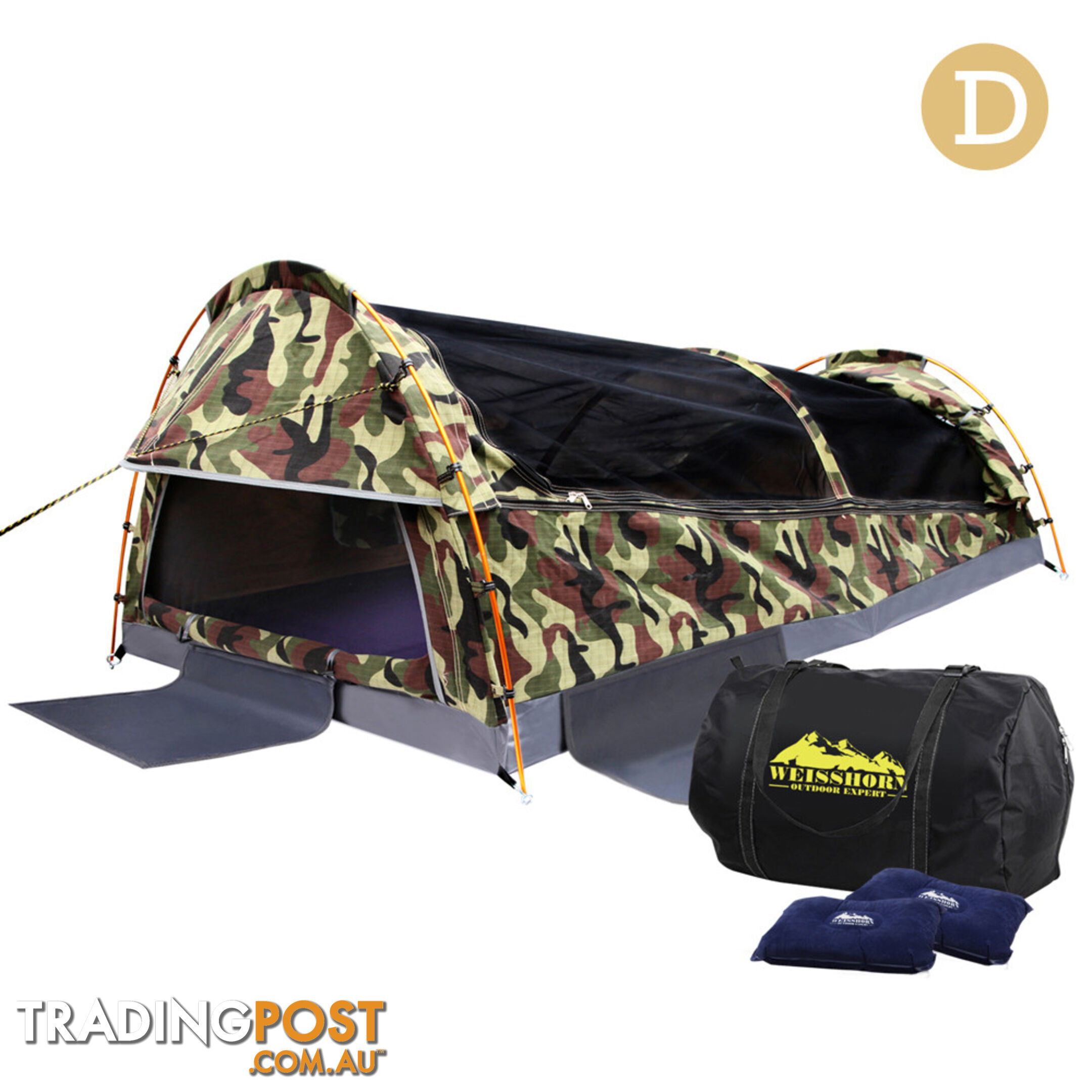 Double Camping Canvas Swag Tent Green Camouflage w/ Bag