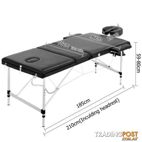 Portable Aluminium 3 Fold Massage Table Chair Bed Black 75cm - photo 2 of 8