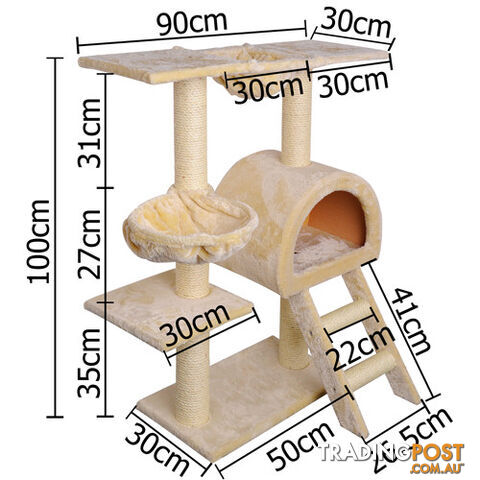 Multi Level Cat Scratching Poles Tree w/ Ladder Beige