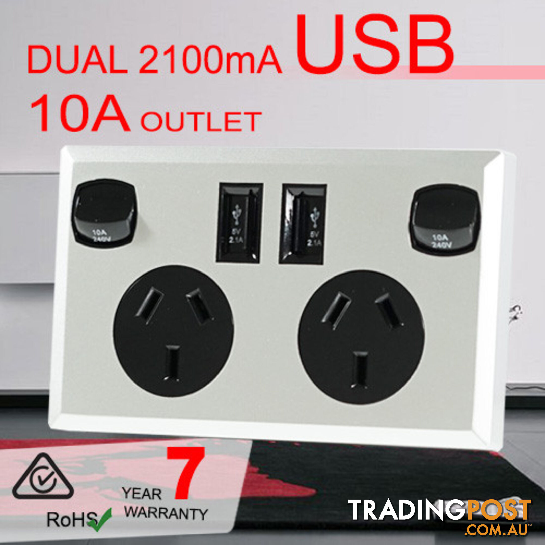 10A Double Australian USB Power Point Supply 2 Socket Switch Wall Plug Black