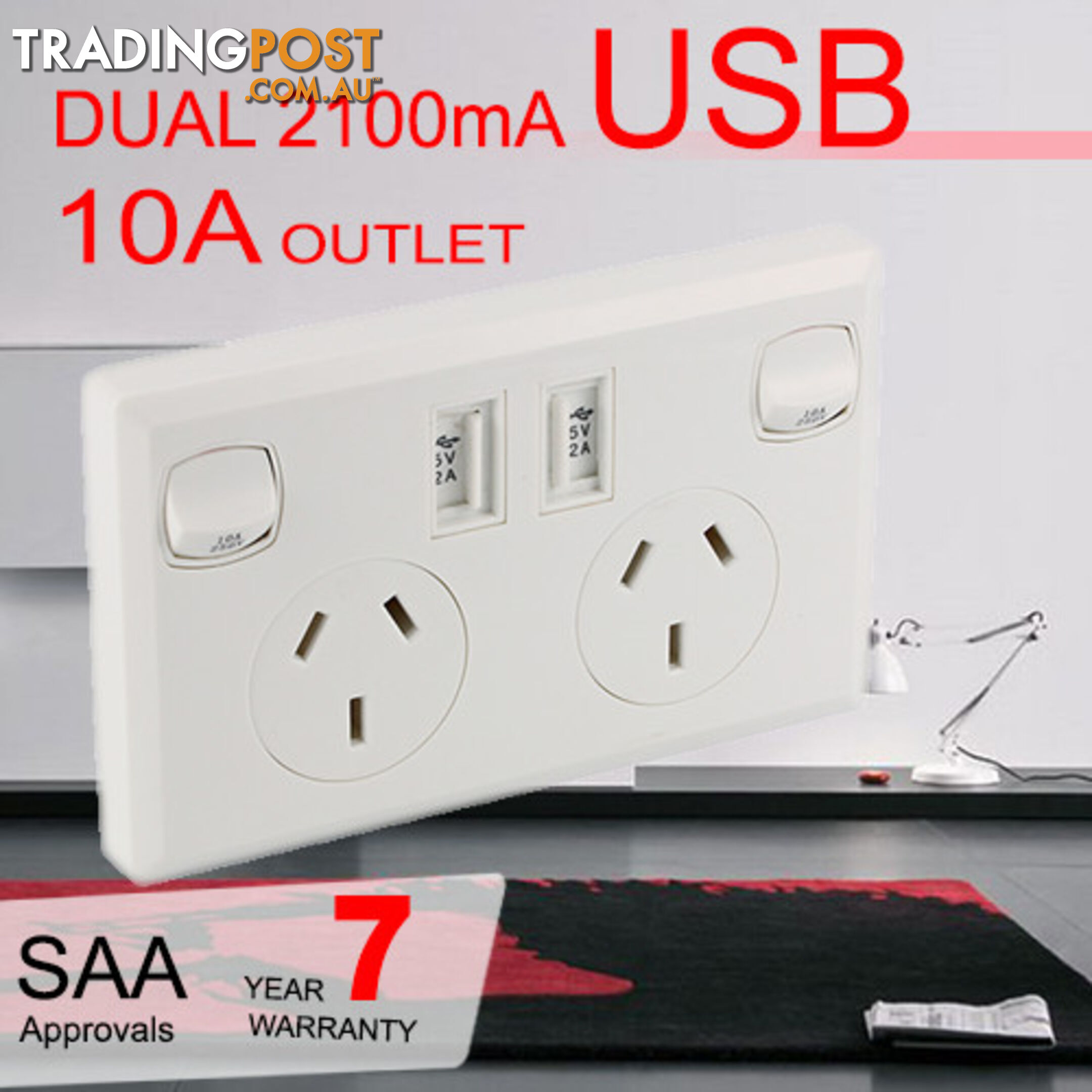 10A Double Australian USB Power Point Power Supply Wall Plug 2 Socket Switch