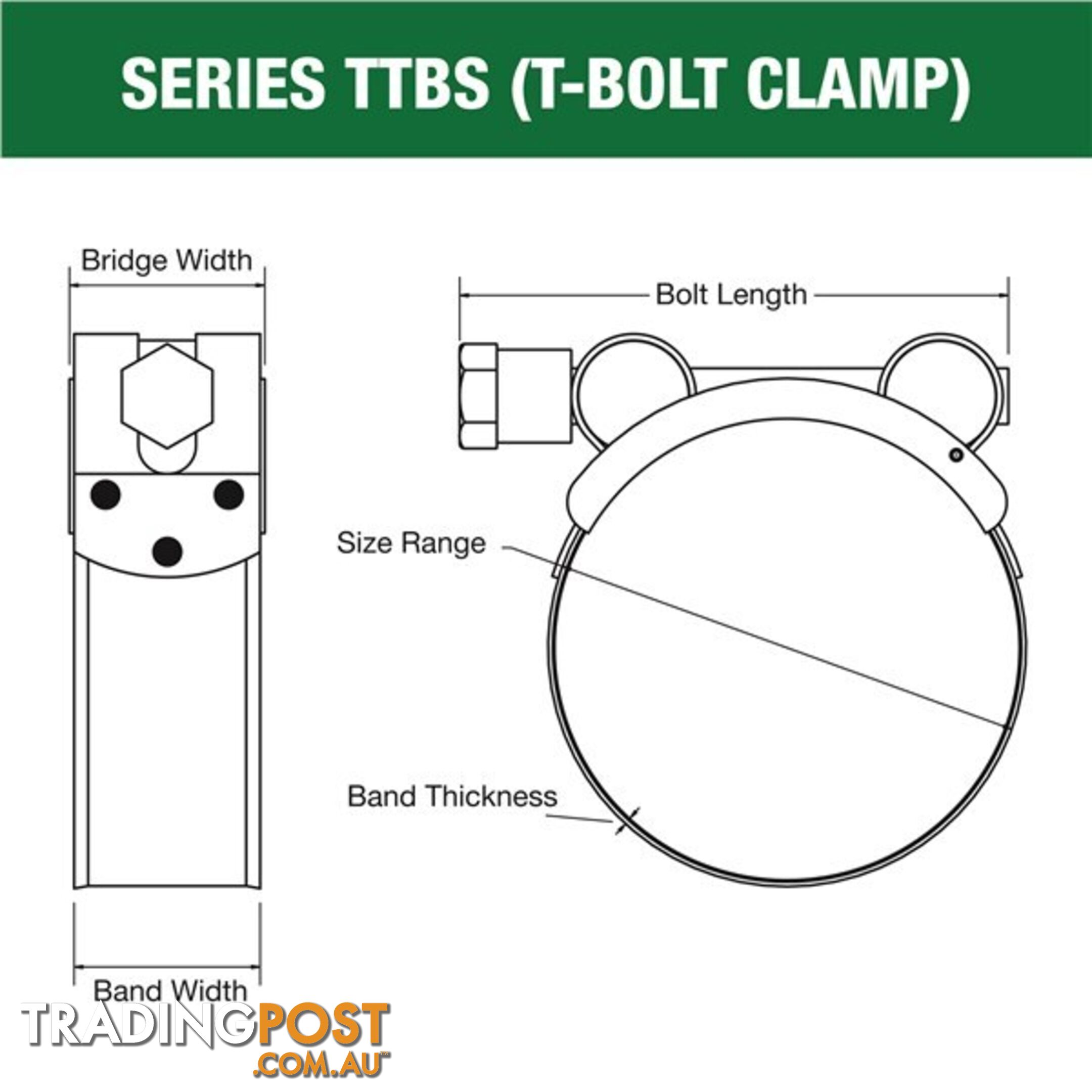 Tridon T-Bolt Hose Clamp 113mm â 121mm All Stainless Solid Band 10pk SKU - TTBS113-121P