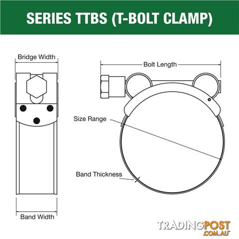 Tridon T-Bolt Hose Clamp 113mm â 121mm All Stainless Solid Band 10pk SKU - TTBS113-121P