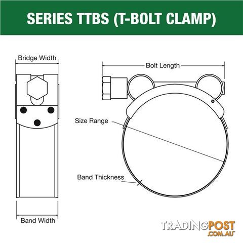 Tridon T-Bolt Hose Clamp 188mm â 200mm All Stainless Solid Band 5pk SKU - TTBS188-200P