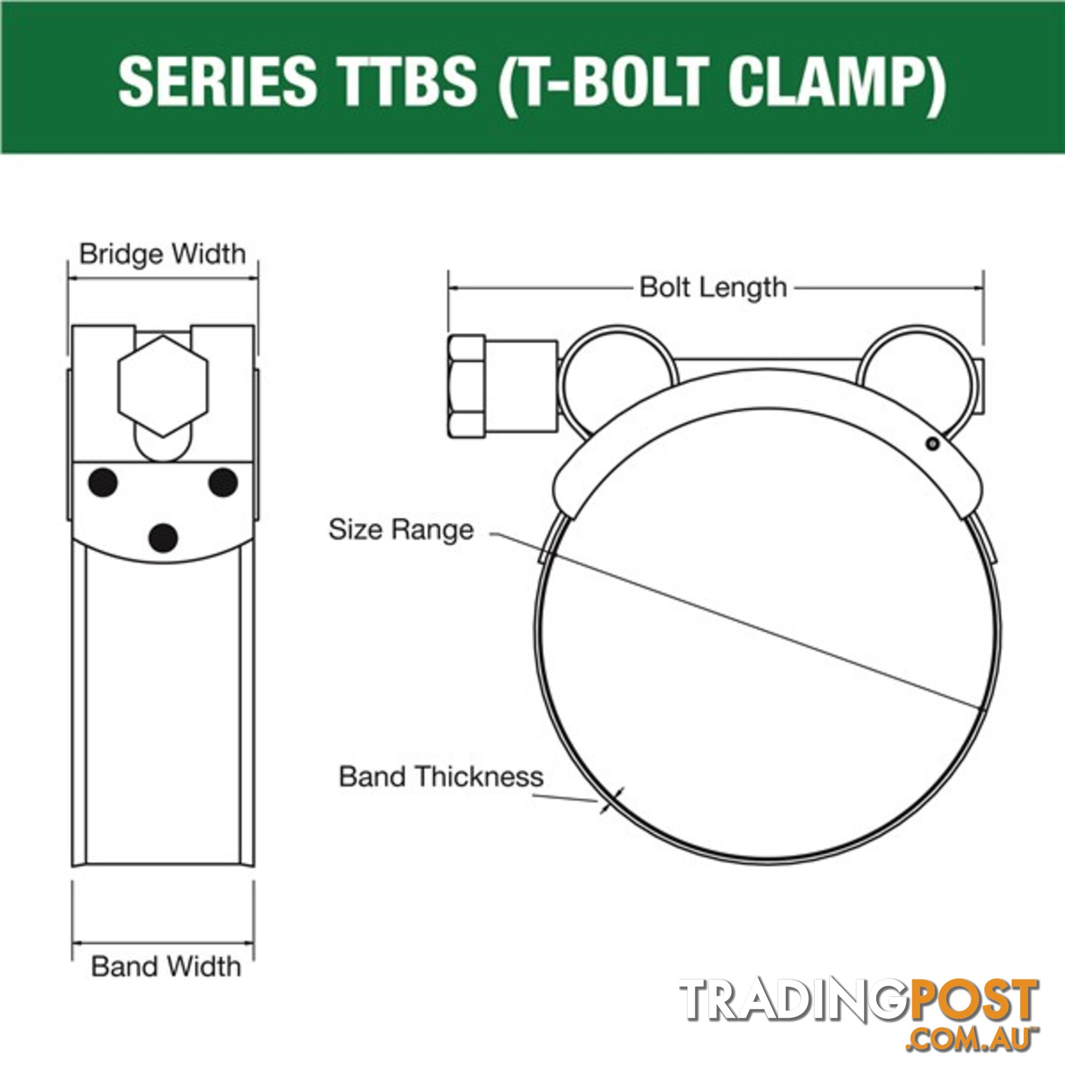 Tridon T-Bolt Hose Clamp 188mm â 200mm All Stainless Solid Band 5pk SKU - TTBS188-200P