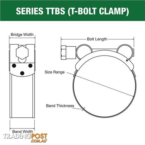 Tridon T-Bolt Hose Clamp 188mm â 200mm All Stainless Solid Band 5pk SKU - TTBS188-200P