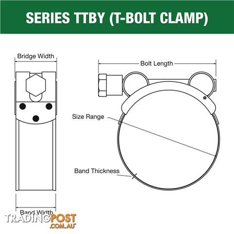 Tridon T-Bolt Hose Clamp 30mm â 33mm Part Stainless Solid Band 10pk SKU - TTBY30-33P