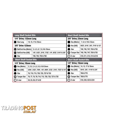 Pk Tools Bits Socket Set Long, Short Hex, Tamper   E-Star  - 107pc SKU - PT11960