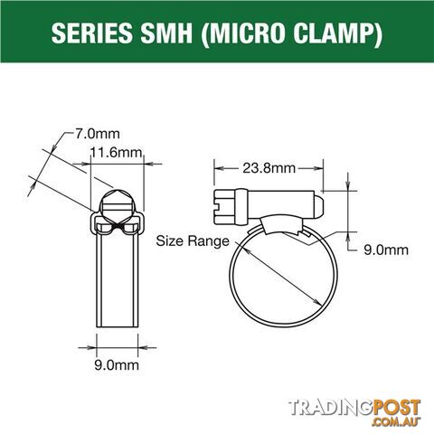 Tridon  Hose Clamp 11mm  - 16mm Micro (8mm wide) Solid Band Part Stainless 10pk SKU - SMH004P