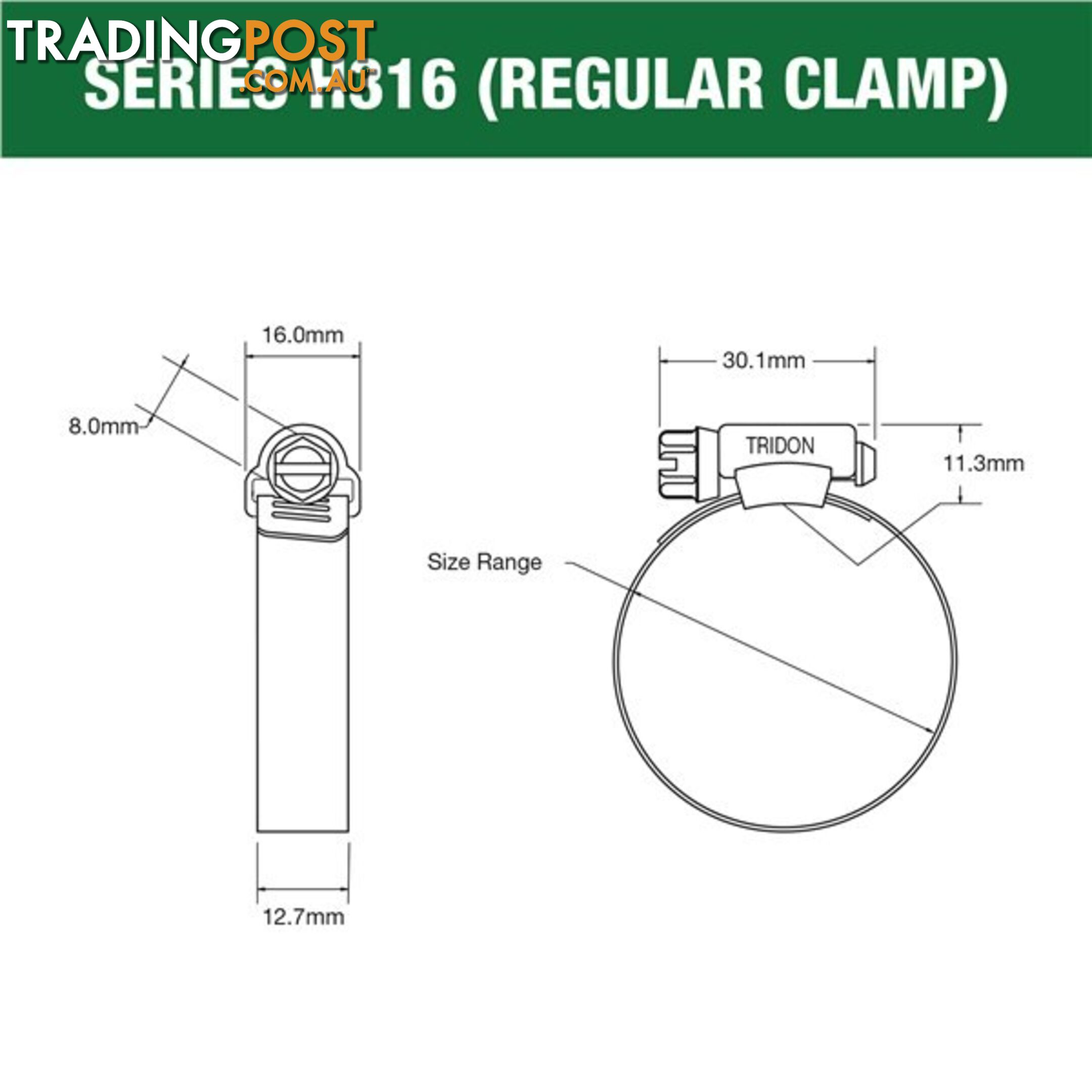 Tridon Full 316 S. Steel Hose Clamp 52mm â 76mm 10pk SKU - H316-040P