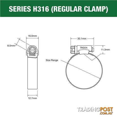 Tridon Full 316 S. Steel Hose Clamp 52mm â 76mm 10pk SKU - H316-040P