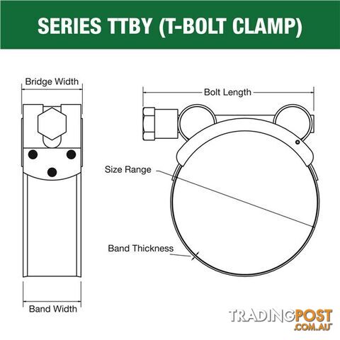 Tridon T-Bolt Hose Clamp 27mm â 29mm Part Stainless Solid Band 10pk SKU - TTBY27-29P