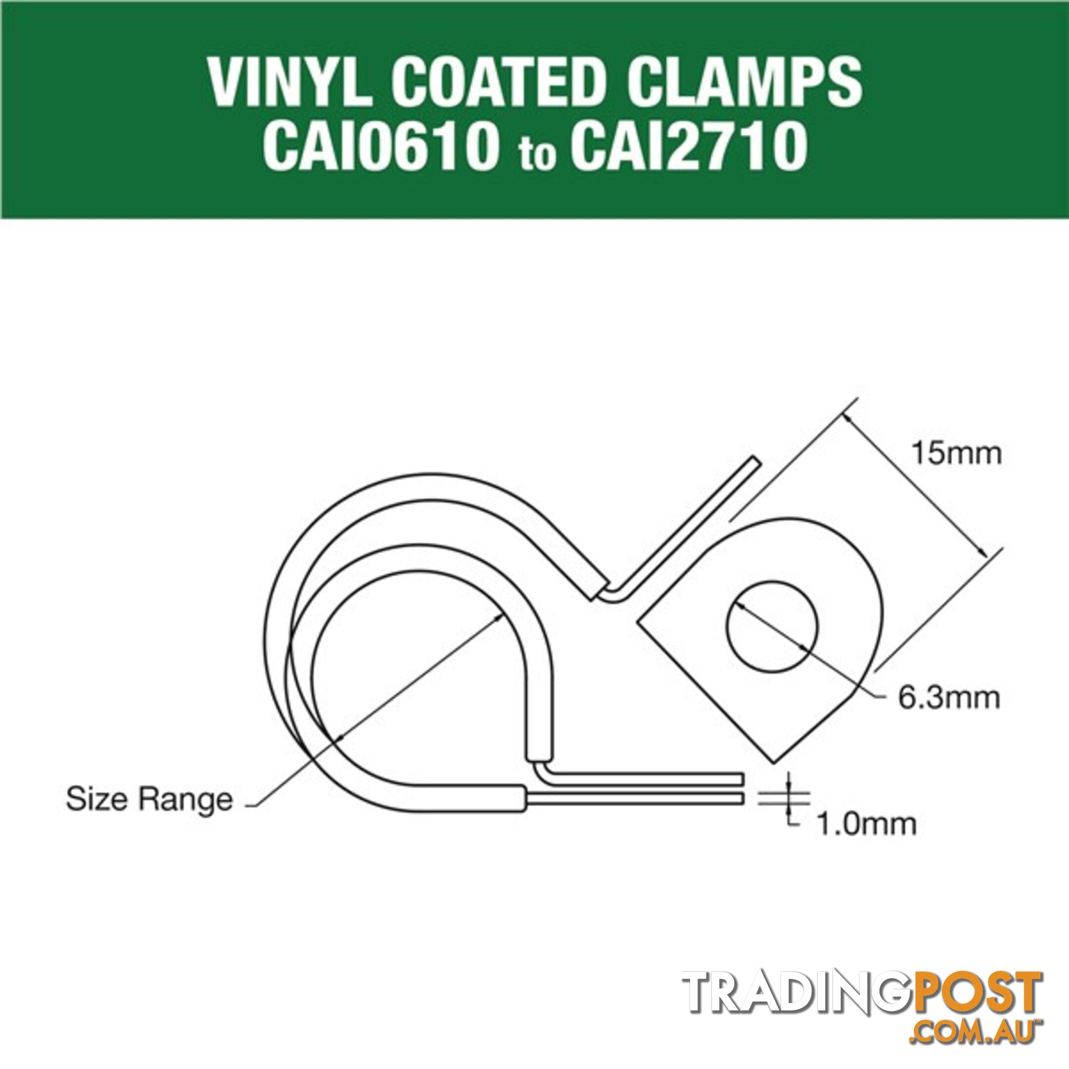 Vinyl Coated Hose   Cable Clamp 33mm (1 5/16?) Dia 20mm Band 12mm Hole 10pk SKU - CAI3313P
