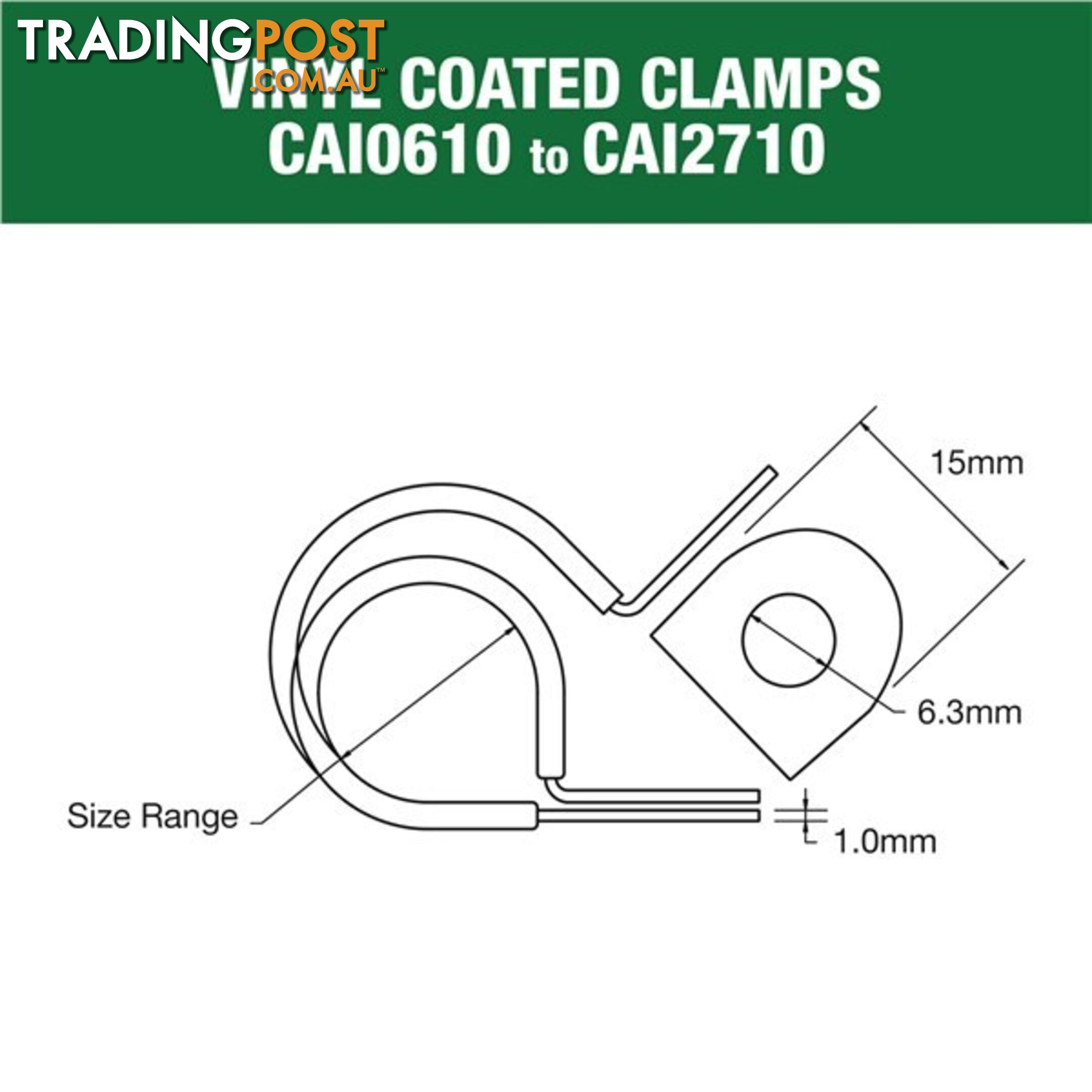 Vinyl Coated Hose   Cable Clamp 33mm (1 5/16?) Dia 20mm Band 12mm Hole 10pk SKU - CAI3313P