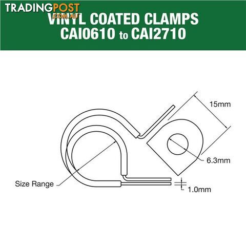 Vinyl Coated Hose   Cable Clamp 33mm (1 5/16?) Dia 20mm Band 12mm Hole 10pk SKU - CAI3313P