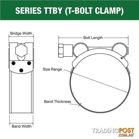Tridon T-Bolt Hose Clamp 68mm â 73mm Part Stainless Solid Band 10pk SKU - TTBY68-73P