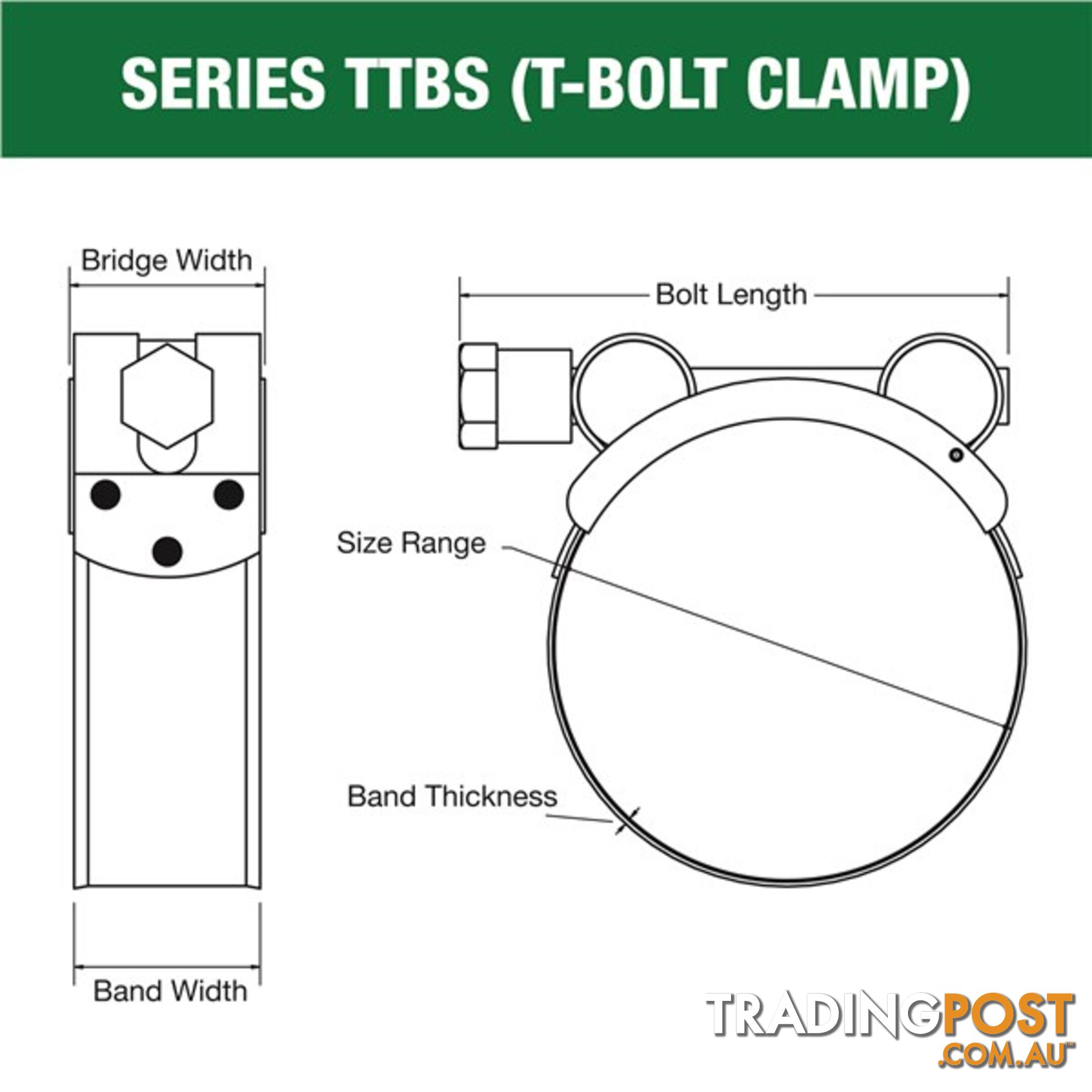 Tridon T-Bolt Hose Clamp 131mm â 139mm All Stainless Solid Band 10pk SKU - TTBS131-139P