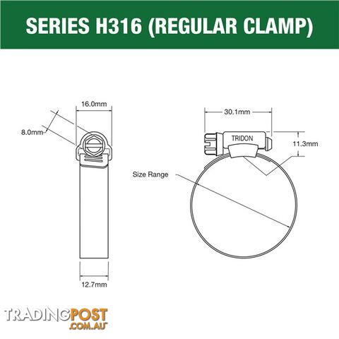 Tridon Full 316 S. Steel Hose Clamp 115mm â 165mm 10pk SKU - H316-096P