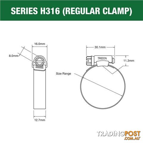 Tridon Full 316 S. Steel Hose Clamp 115mm â 165mm 10pk SKU - H316-096P