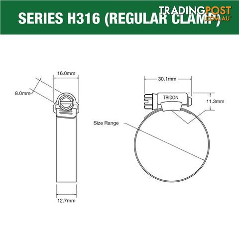 Tridon Full 316 S. Steel Hose Clamp 159mm â 206mm 10pk SKU - H316-120