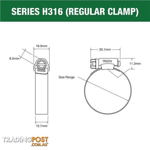 Tridon Full 316 S. Steel Hose Clamp 159mm â 206mm 10pk SKU - H316-120