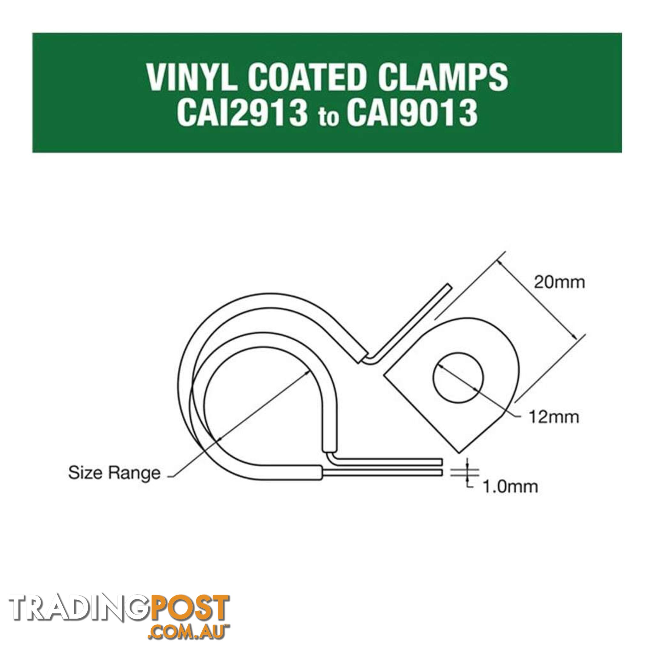 Vinyl Coated Hose   Cable Clamp 90mm (3 9/16?) Dia 20mm Band 12mm Hole 10pk SKU - CAI9013P