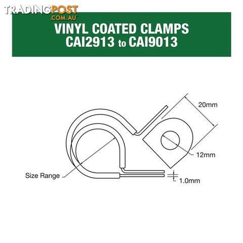 Vinyl Coated Hose   Cable Clamp 90mm (3 9/16?) Dia 20mm Band 12mm Hole 10pk SKU - CAI9013P