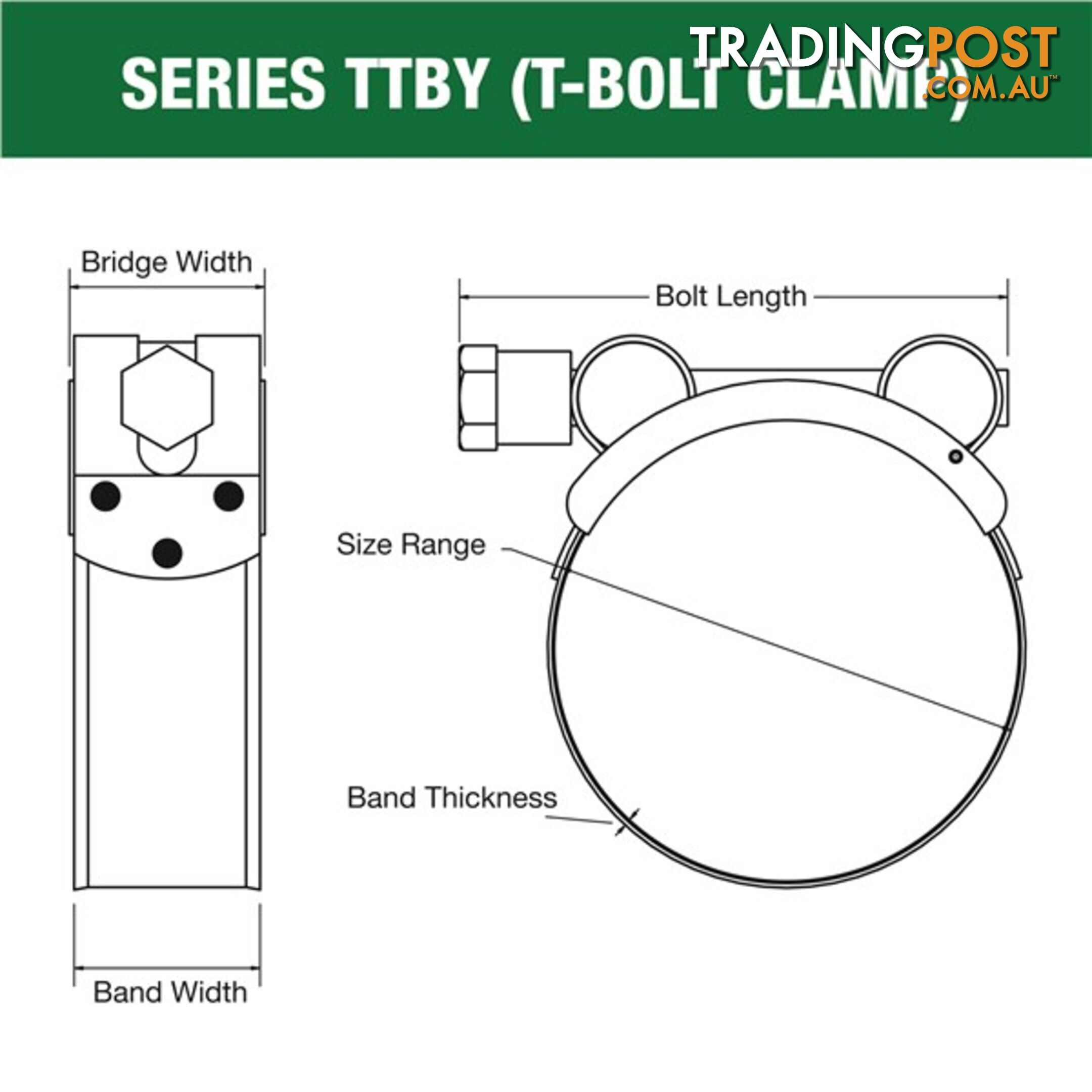Tridon T-Bolt Hose Clamp 50mm â 53mm Part Stainless Solid Band 10pk SKU - TTBY50-53P