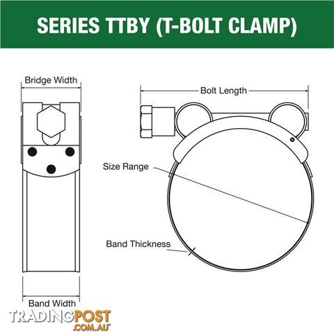 Tridon T-Bolt Hose Clamp 50mm â 53mm Part Stainless Solid Band 10pk SKU - TTBY50-53P