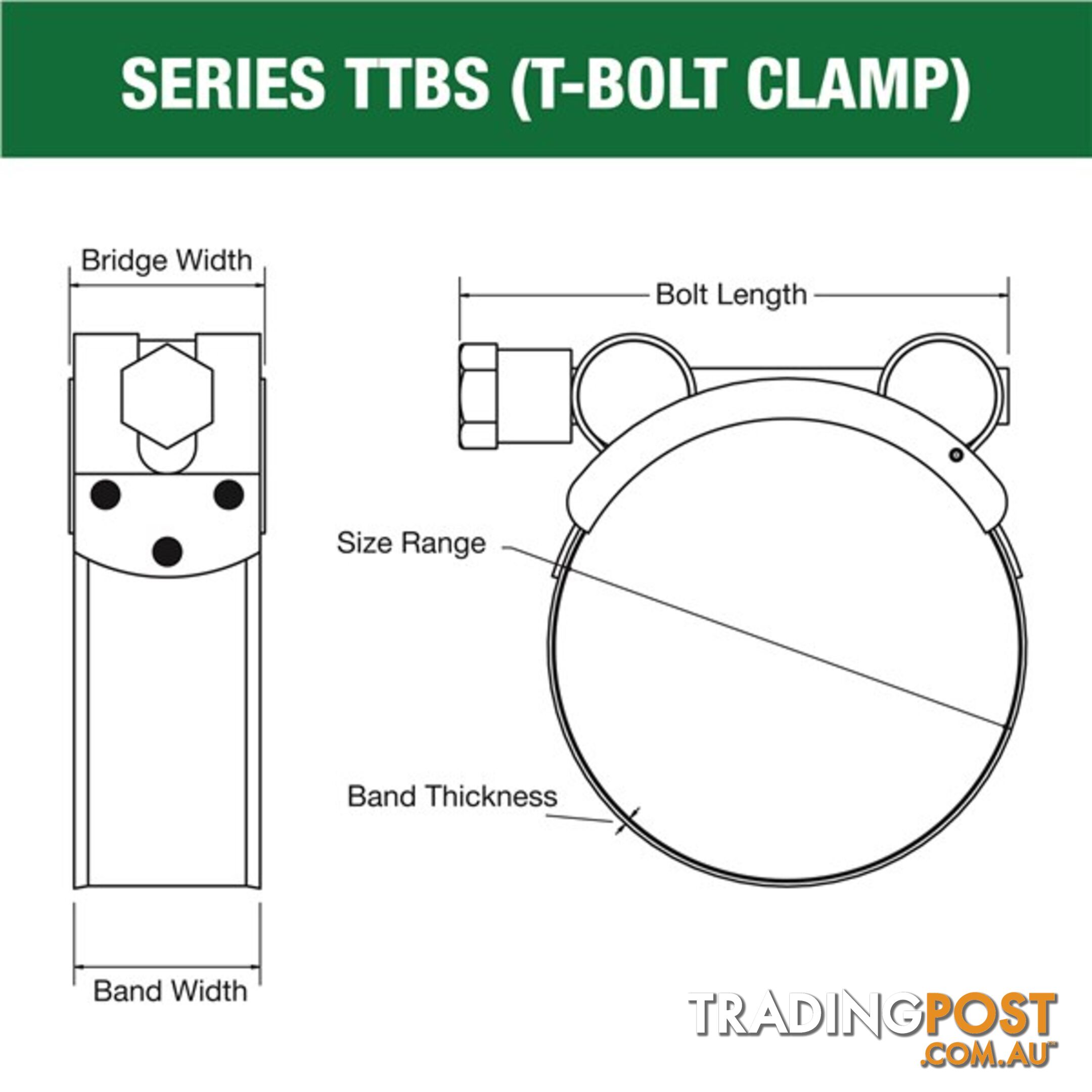 Tridon T-Bolt Hose Clamp 92mm â 97mm All Stainless Solid Band 10pk SKU - TTBS92-97P