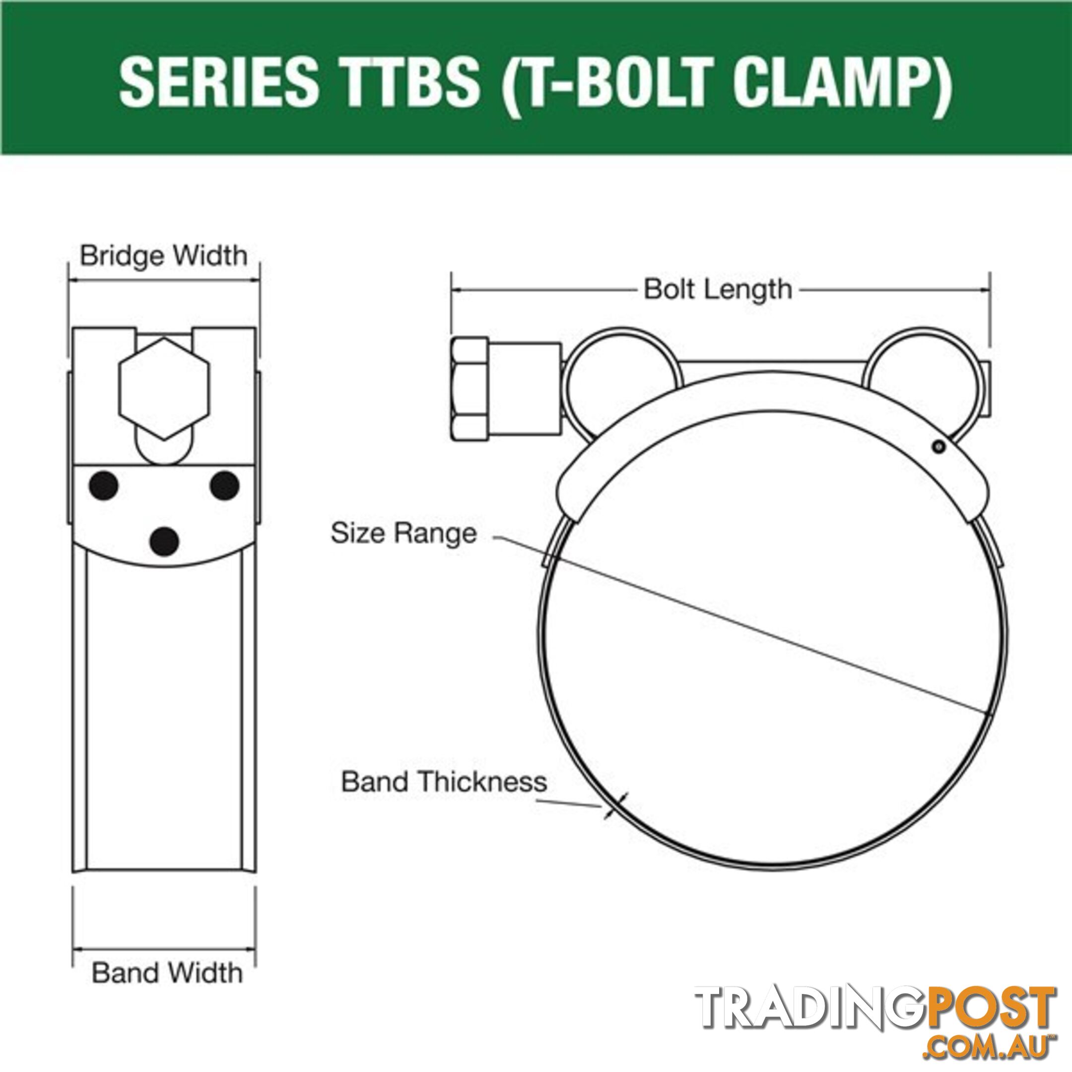 Tridon T-Bolt Hose Clamp 92mm â 97mm All Stainless Solid Band 10pk SKU - TTBS92-97P