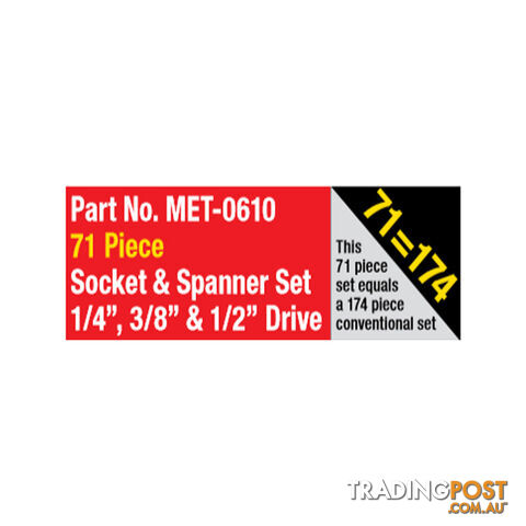 Metrinch 71 pc Socket   Spanner Set 1/4 " 3/8 "   1/2 " Drive Equals 174 pc SKU - MET-0610