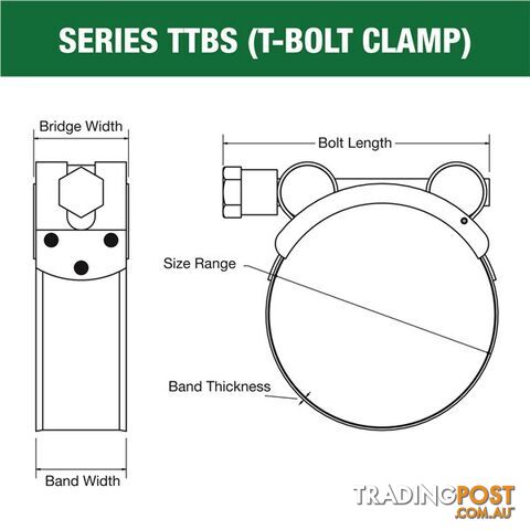 T-Bolt Clamp  - All Stainless 54mm  - 57mm 10 Pieces SKU - TTBS54-57P